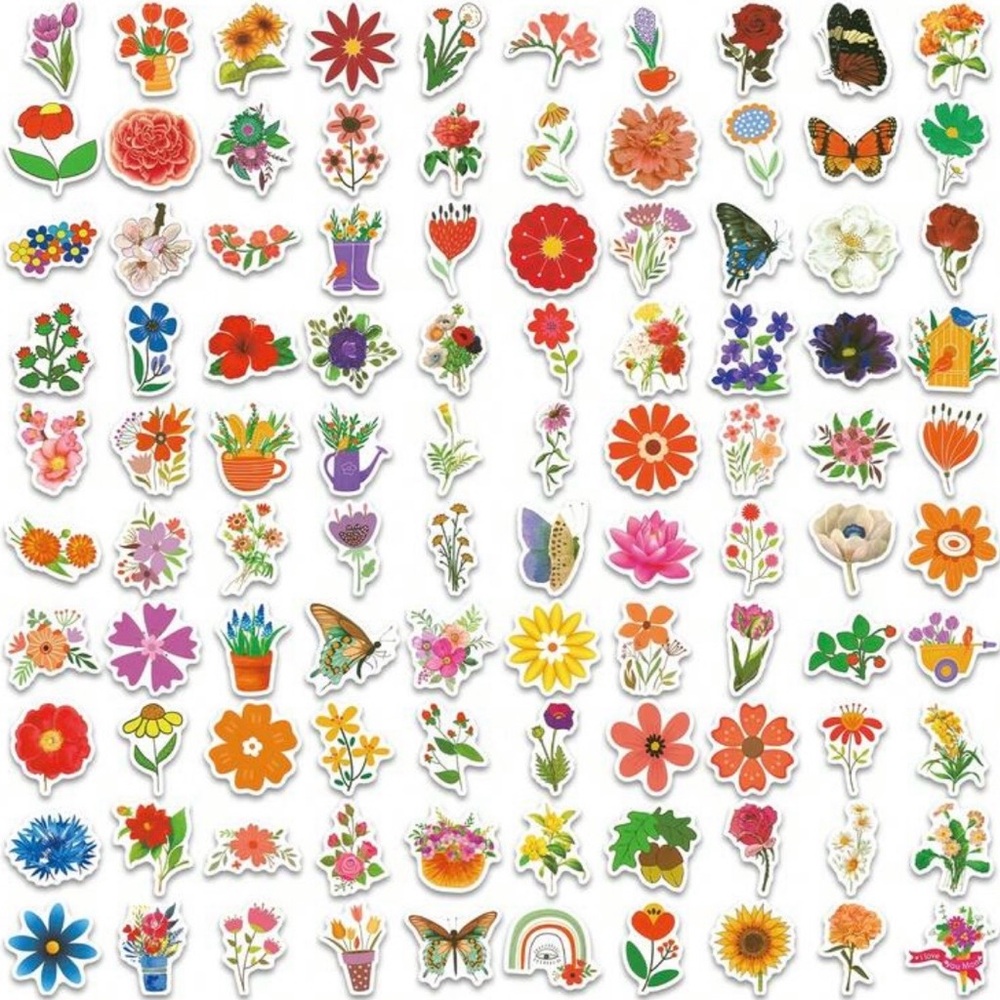 100 Colorful Flower Stickers Insects Nature Garden Blossoms - Picture 4 of 11